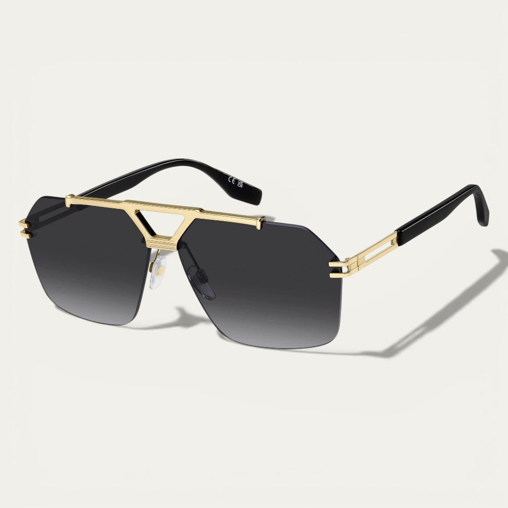 Gold Shield Aviator Sunglasses | Rimless Frame & Dark Gradient Lenses