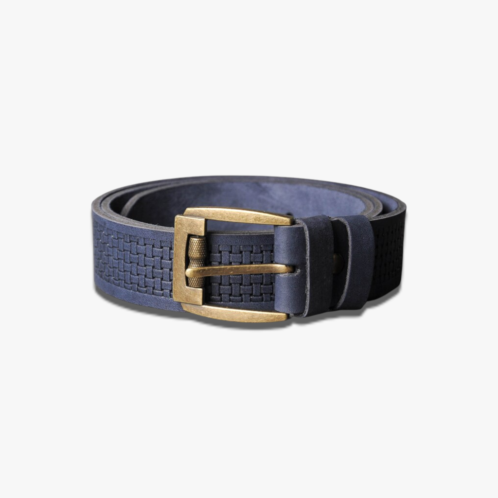 Oxford Blue | Embossed Basketweave Leather Belt with Antique Brass Hardware