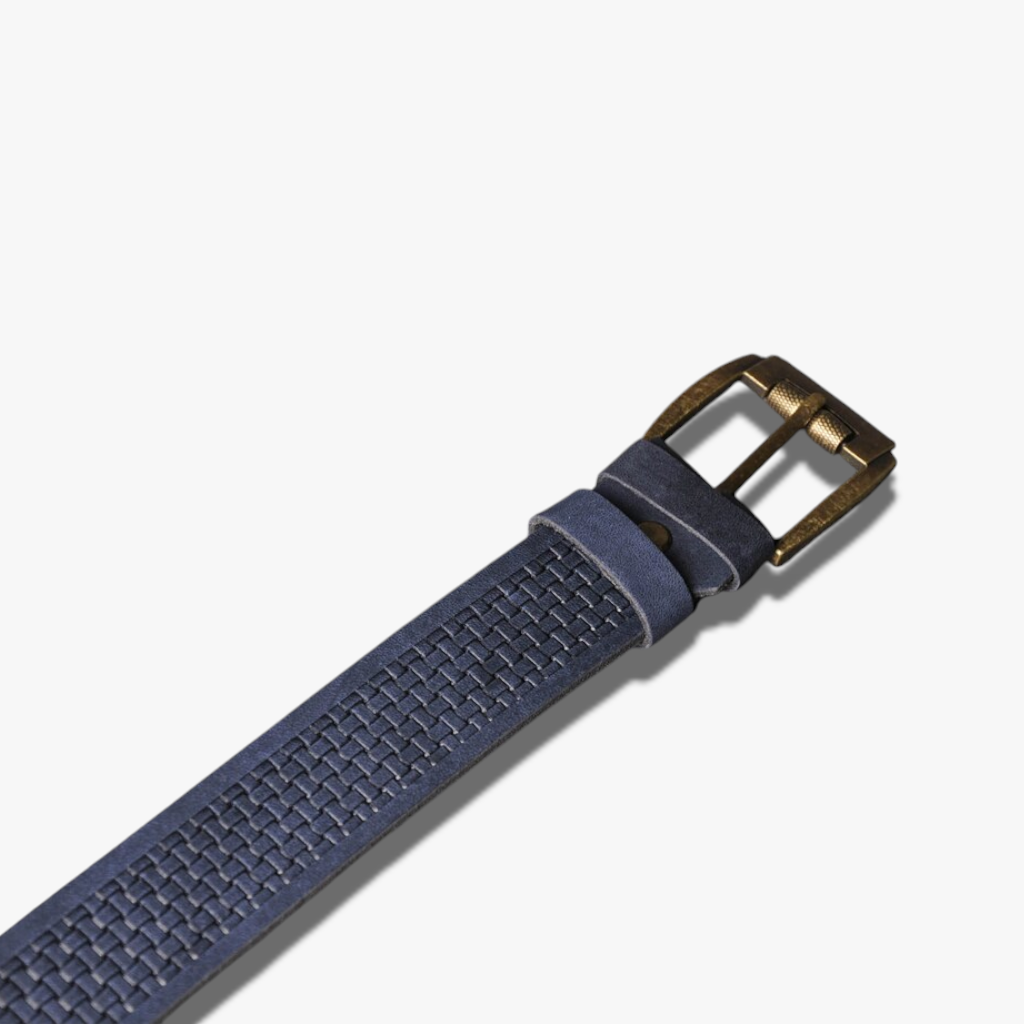 Oxford Blue | Embossed Basketweave Leather Belt with Antique Brass Hardware