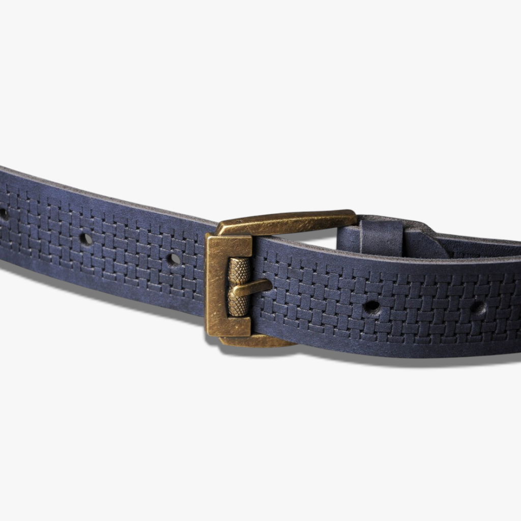 Oxford Blue | Embossed Basketweave Leather Belt with Antique Brass Hardware