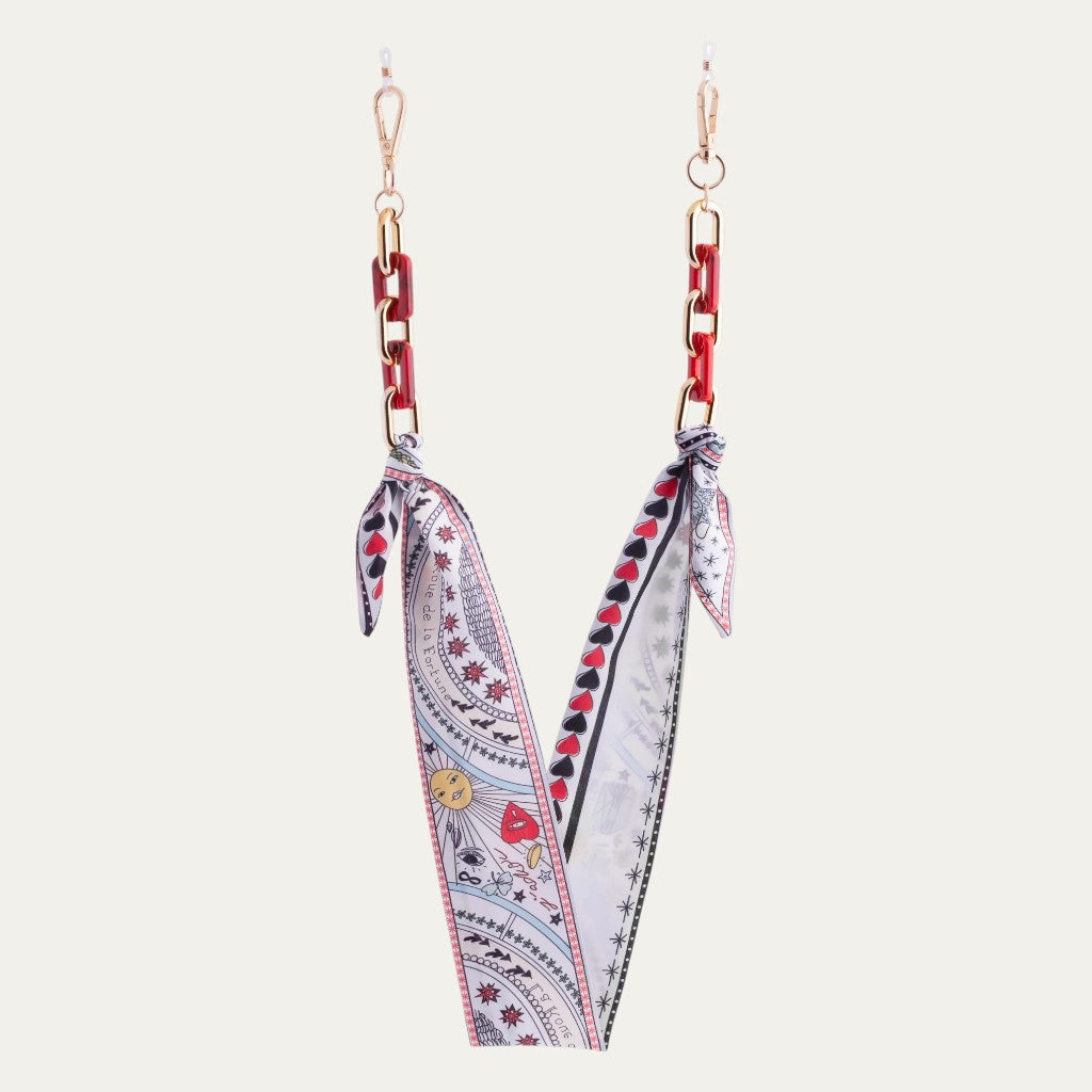 Mystic Fortune Eyewear Ribbon | Tarot Print Fabric & Bold Red Acetate Links
