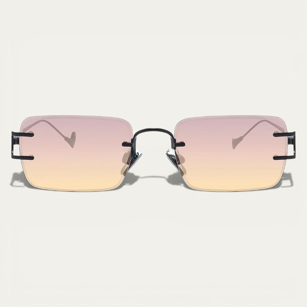 Rimless Square Sunglasses | Slim Black Metal Frame & Pink-Yellow Gradient Lenses