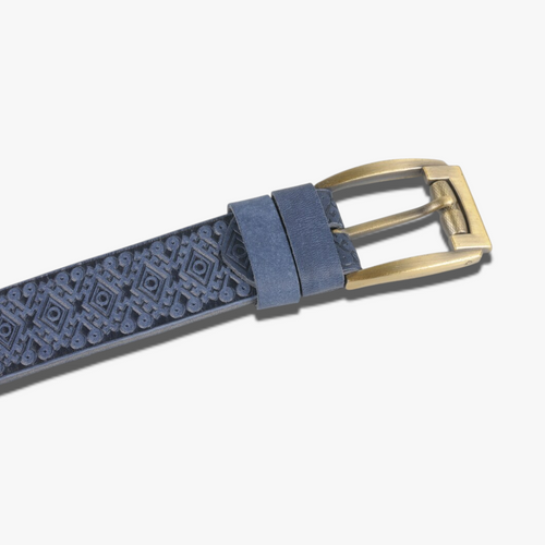 Aztec Indigo | Geometric Embossed Leather Belt with Antique Brass Hardware