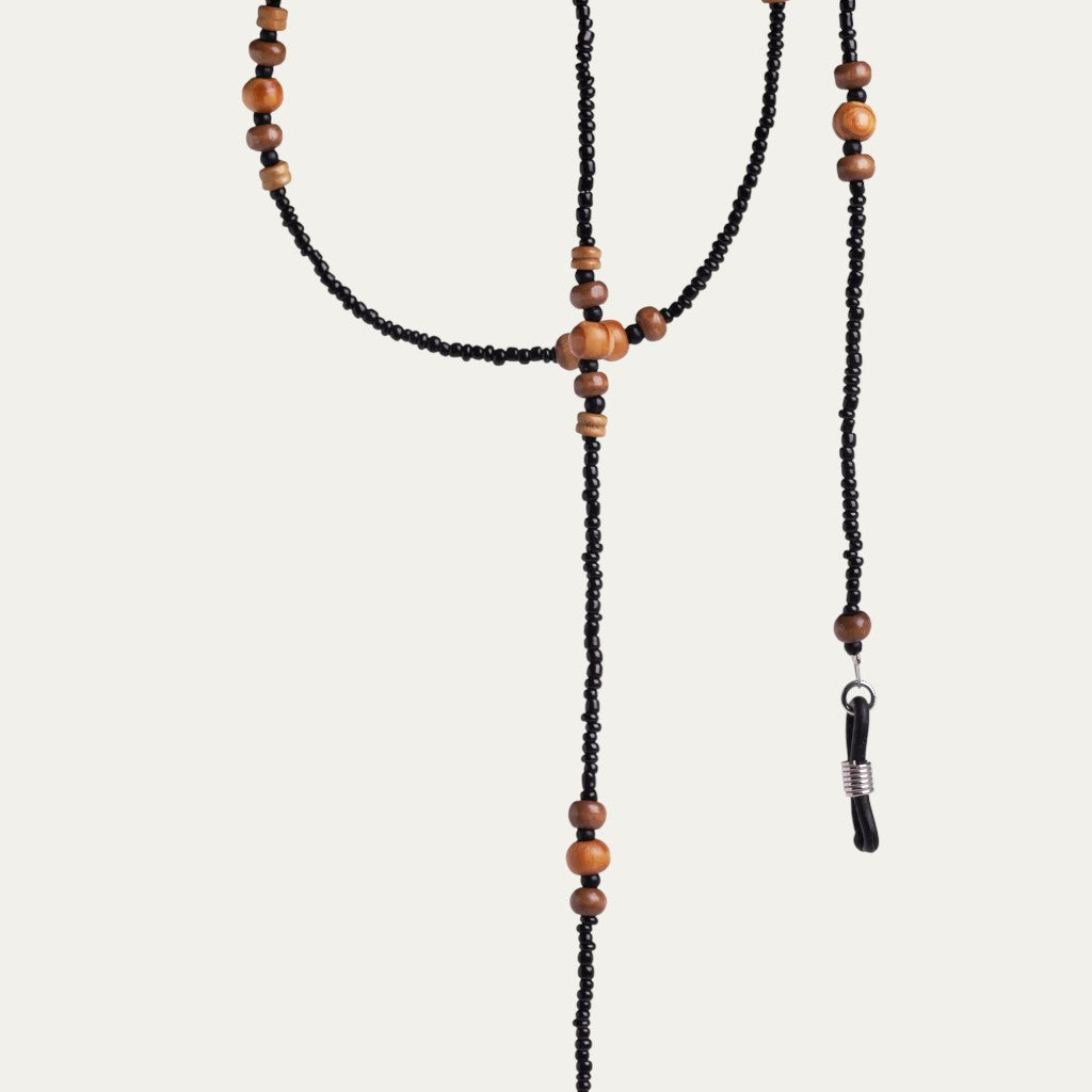Eco Wood & Beads Eyewear Chain | Black Seed Beads & Caramel Wooden Accents