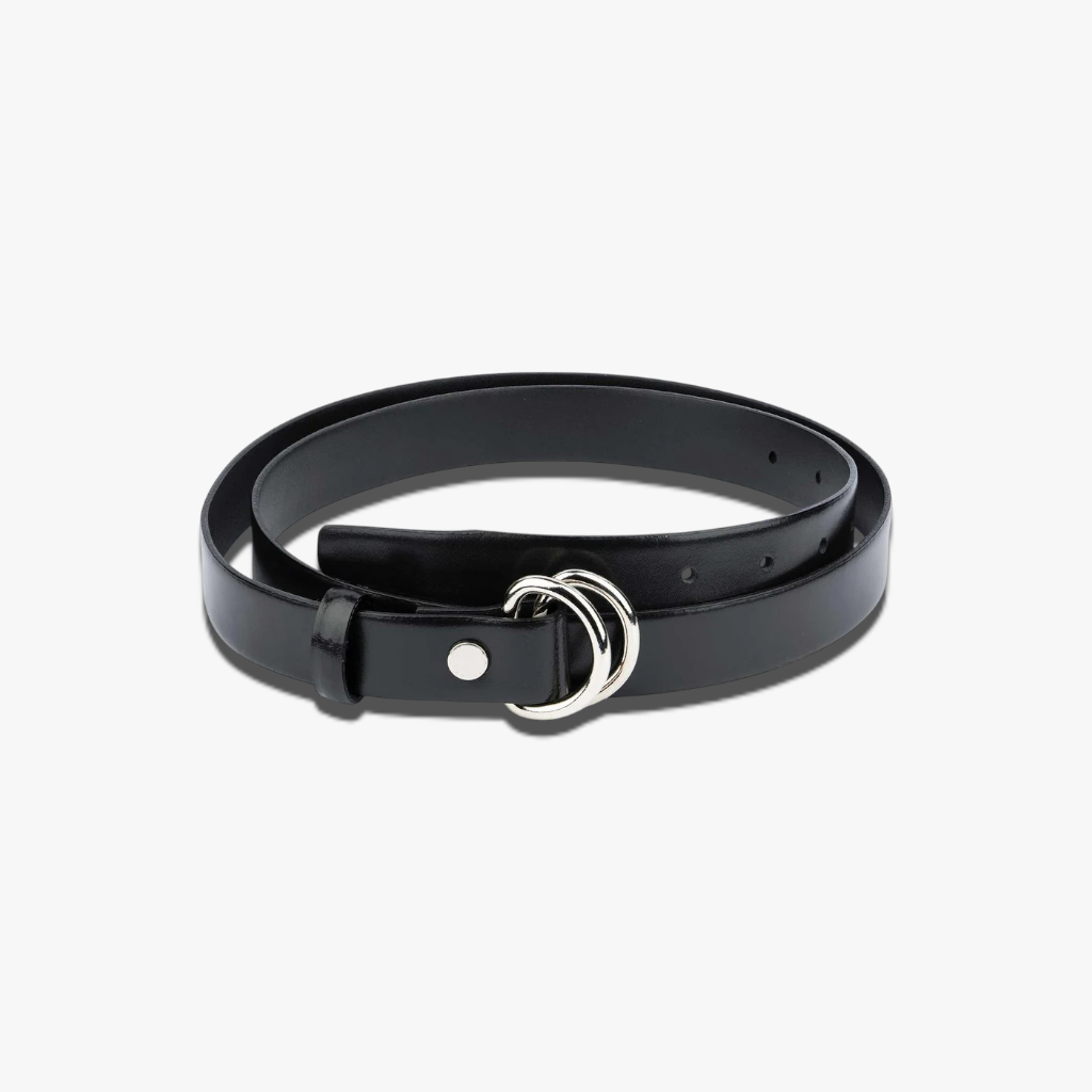 Eclipse Dual-Ring | Smooth Black Leather Belt with Polished Silver Hardware