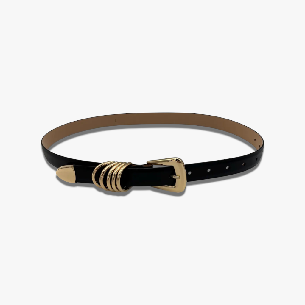 Golden Dune | Black Smooth Leather Belt with Sculpted Gold Hardware