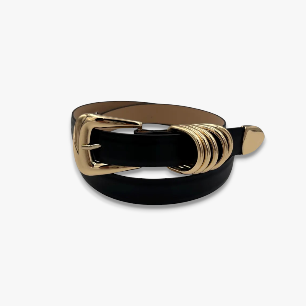 Golden Dune | Black Smooth Leather Belt with Sculpted Gold Hardware