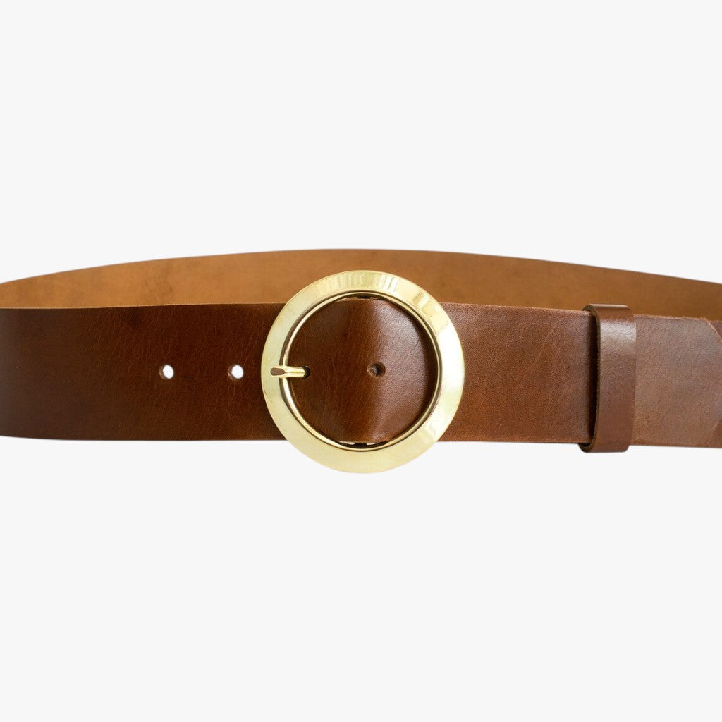 Sienna Glow | Rich Cognac Leather Belt with Polished Circular Gold Buckle