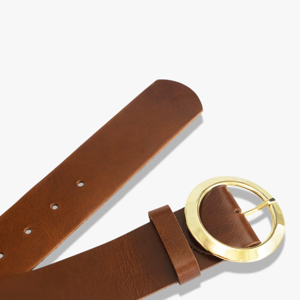 Sienna Glow | Rich Cognac Leather Belt with Polished Circular Gold Buckle