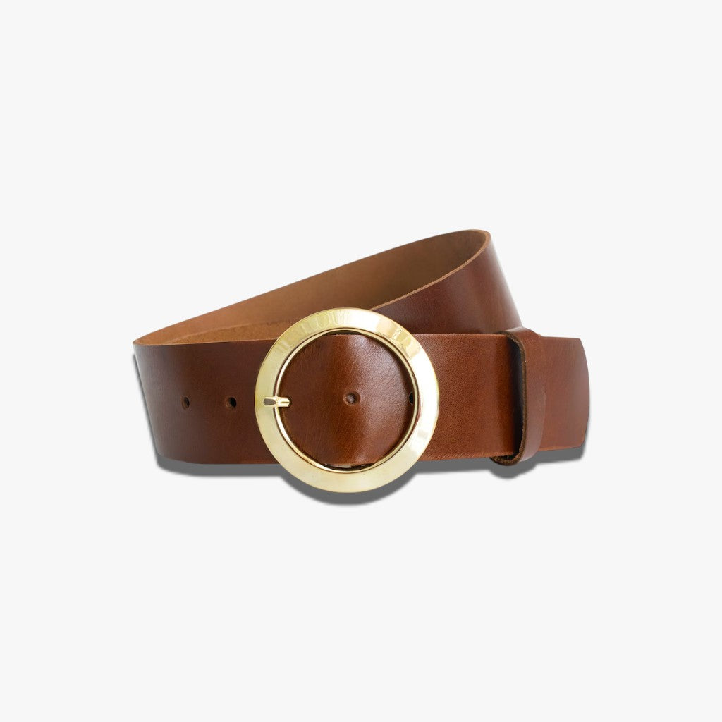 Sienna Glow | Rich Cognac Leather Belt with Polished Circular Gold Buckle