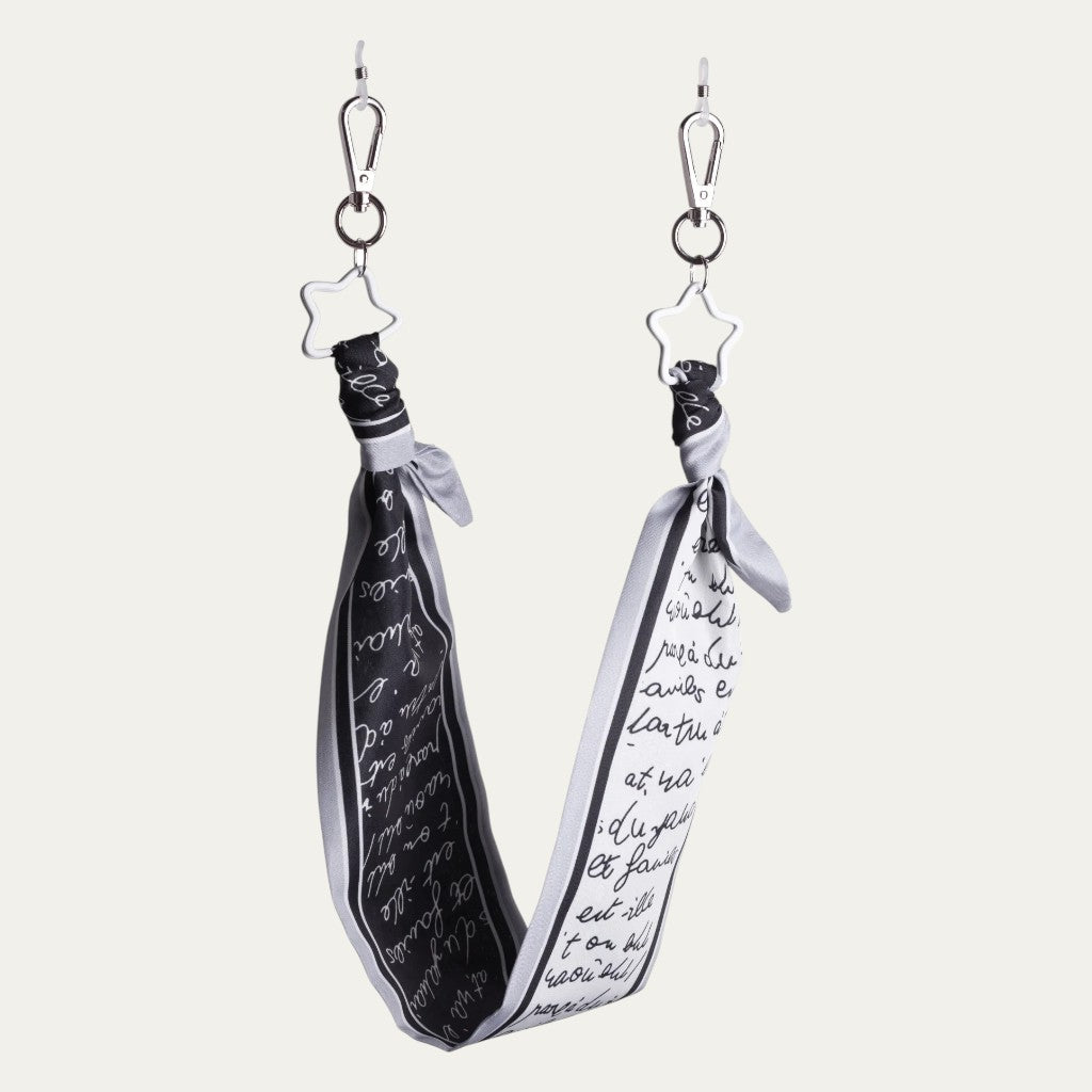 Star Letter Fabric Eyewear Ribbon | Black & White Script Print with Star Charms