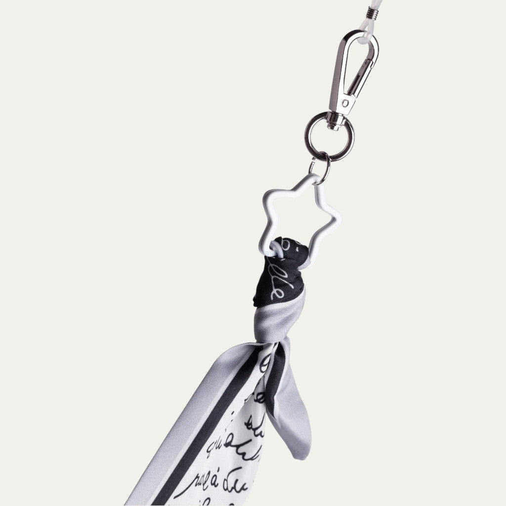 Star Letter Fabric Eyewear Ribbon | Black & White Script Print with Star Charms