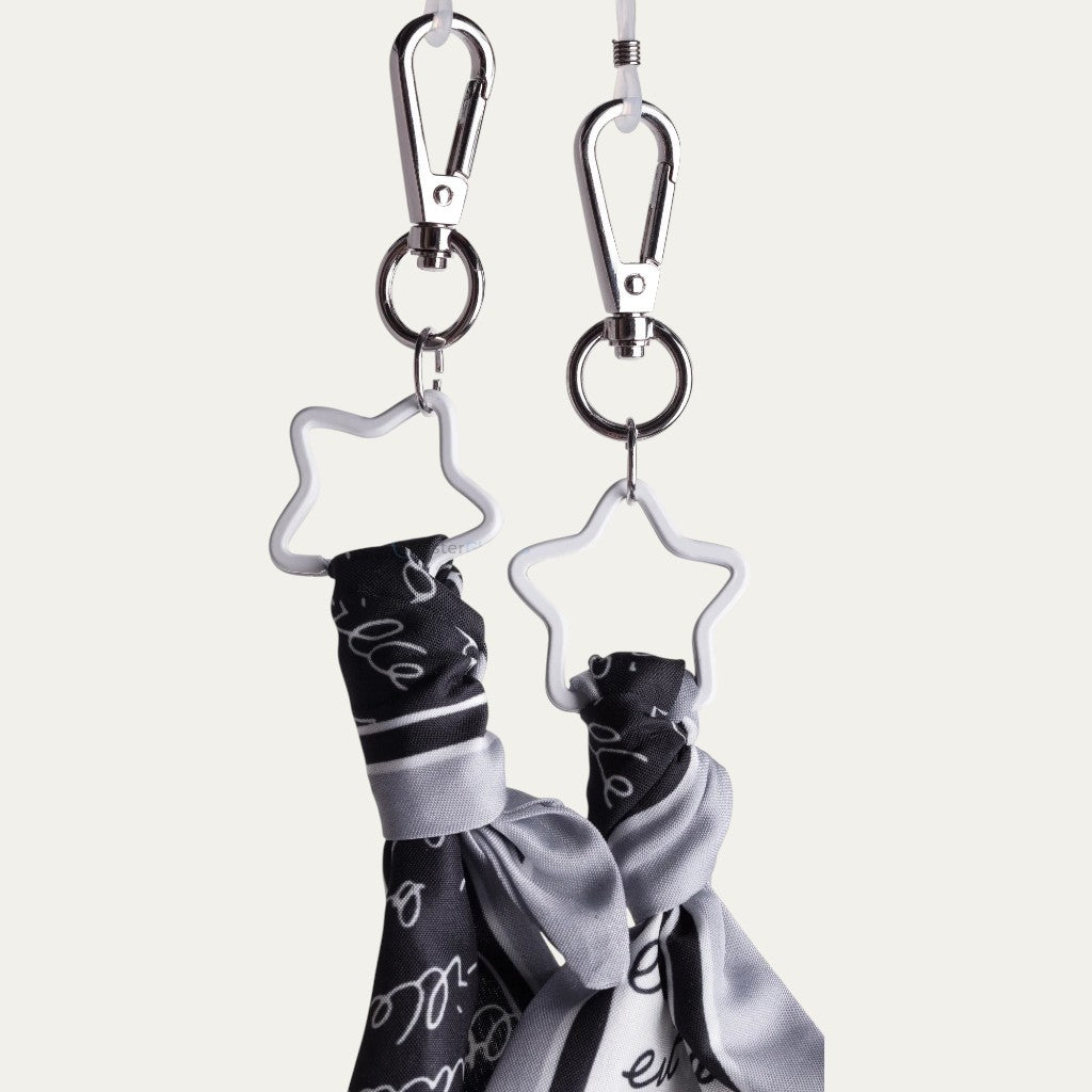 Star Letter Fabric Eyewear Ribbon | Black & White Script Print with Star Charms