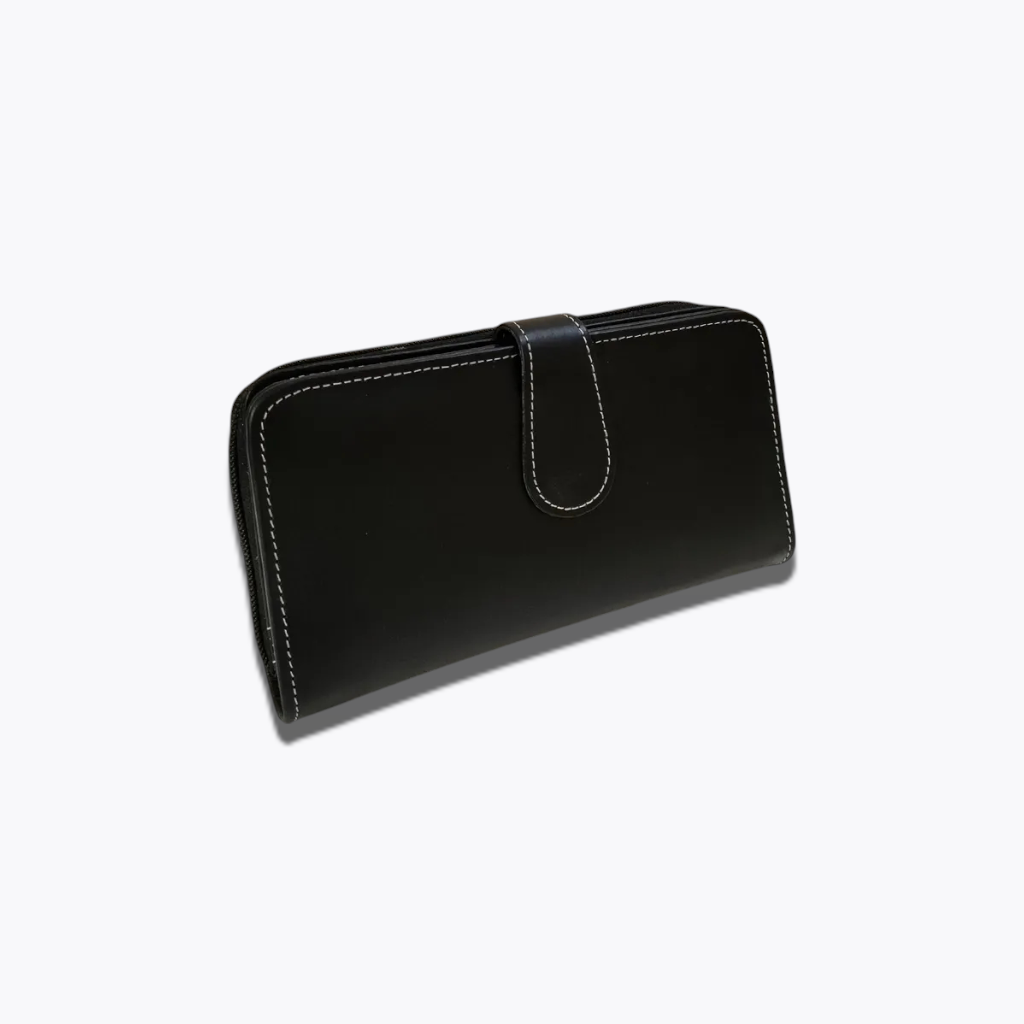 Midnight Executive | Black Smooth Leather Zip-Around Wallet with White Stitching