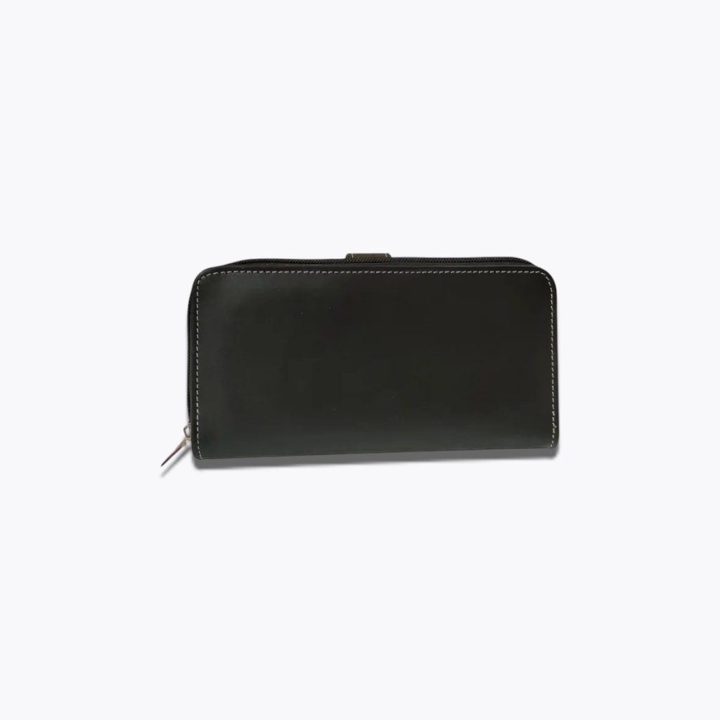 Midnight Executive | Black Smooth Leather Zip-Around Wallet with White Stitching