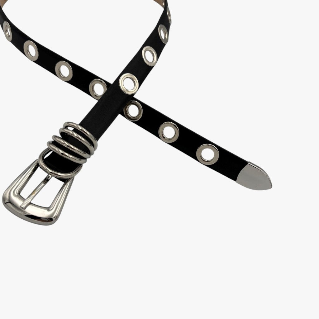 Onyx Grommet | Black Leather Eyelet Belt with Quad-Ring Silver Hardware