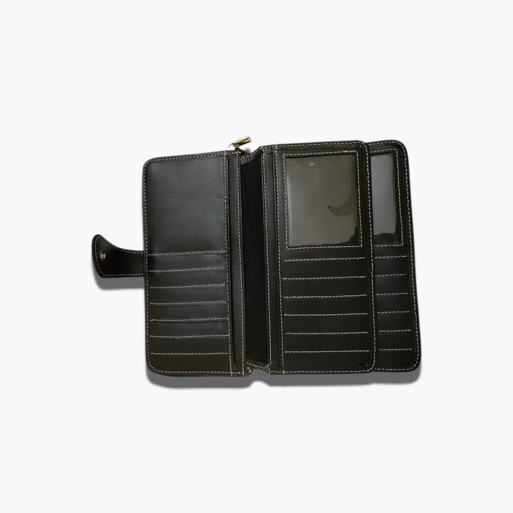 Midnight Executive | Black Smooth Leather Zip-Around Wallet with White Stitching