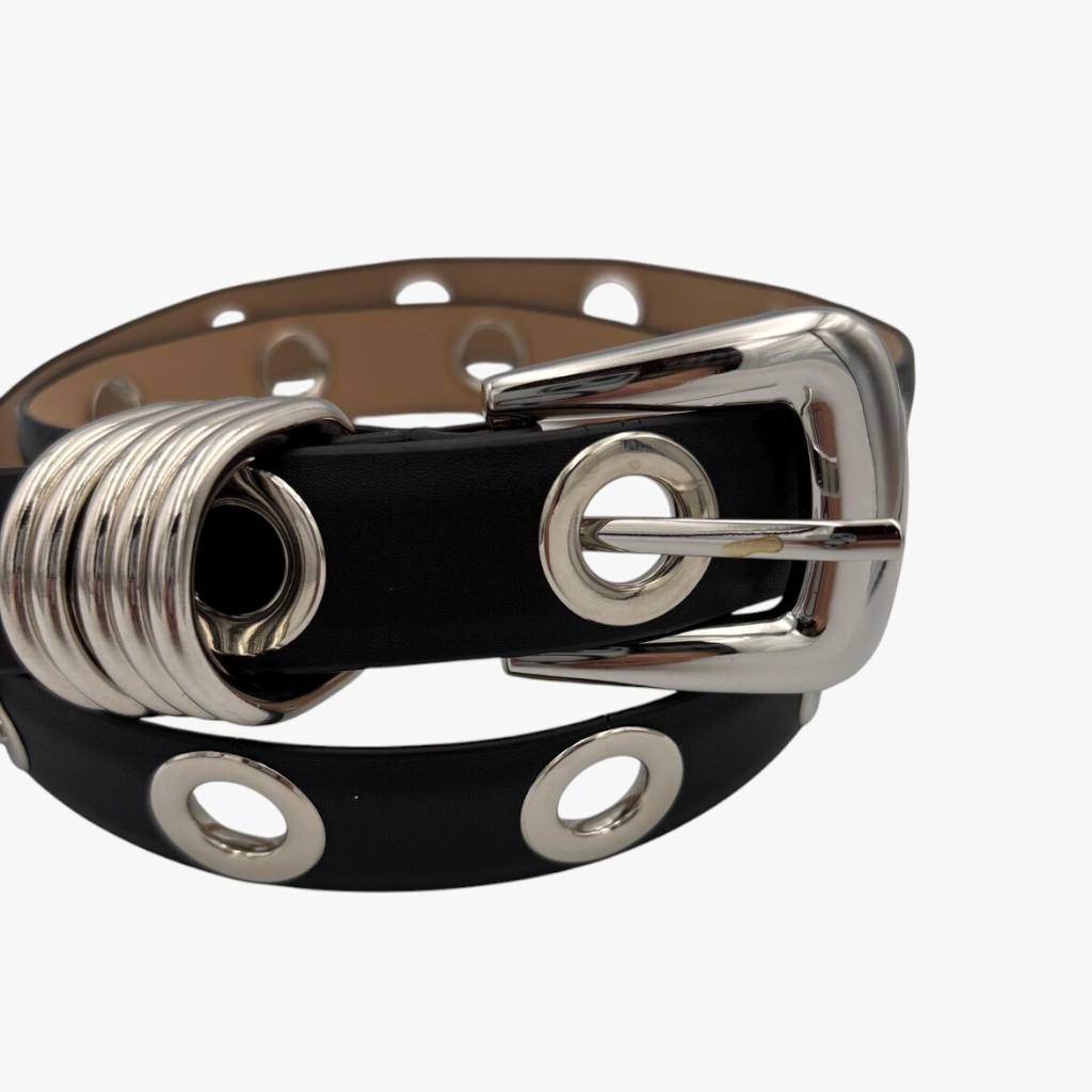 Onyx Grommet | Black Leather Eyelet Belt with Quad-Ring Silver Hardware