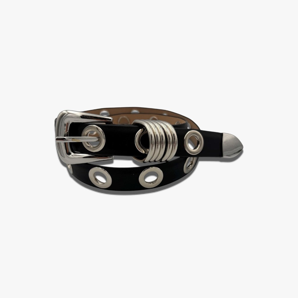Onyx Grommet | Black Leather Eyelet Belt with Quad-Ring Silver Hardware