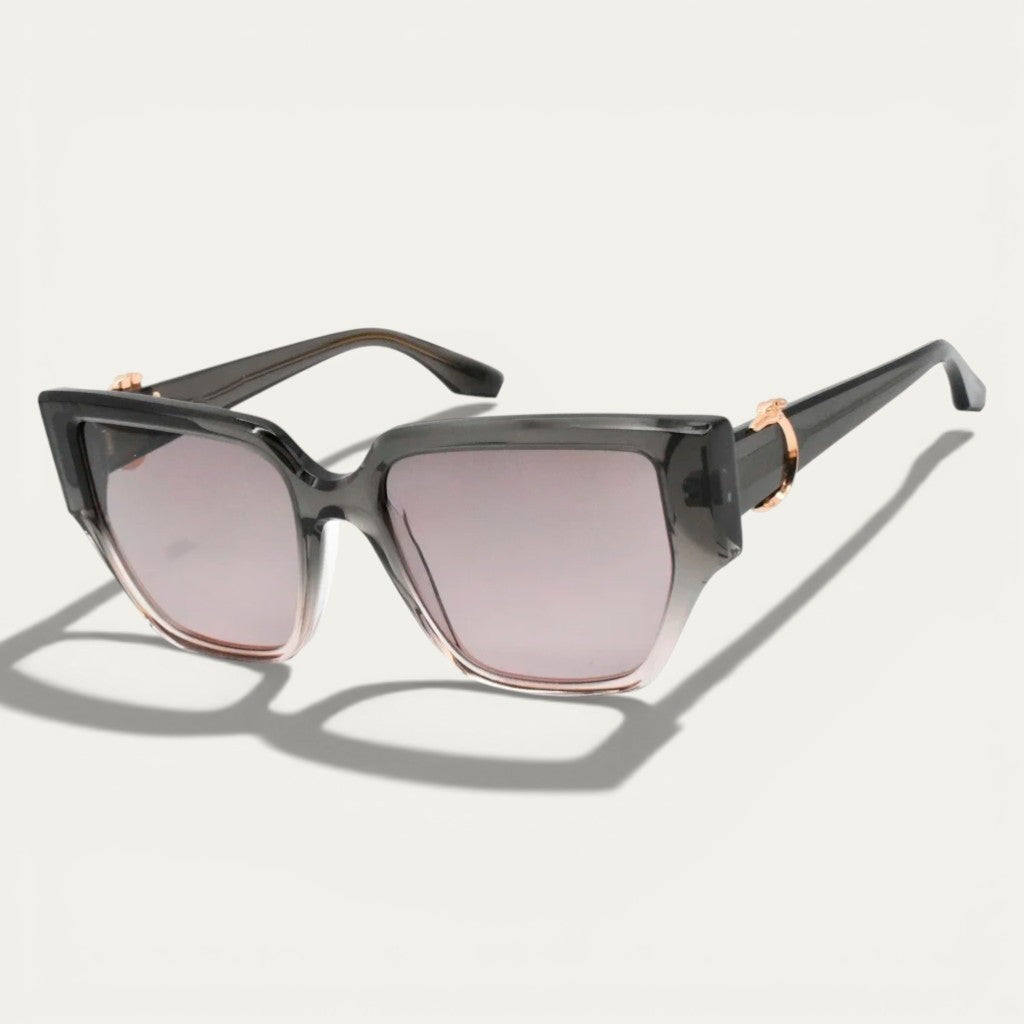Smoky Grey Cat-Eye Sunglasses | Translucent Frame & Golden Panther Decor