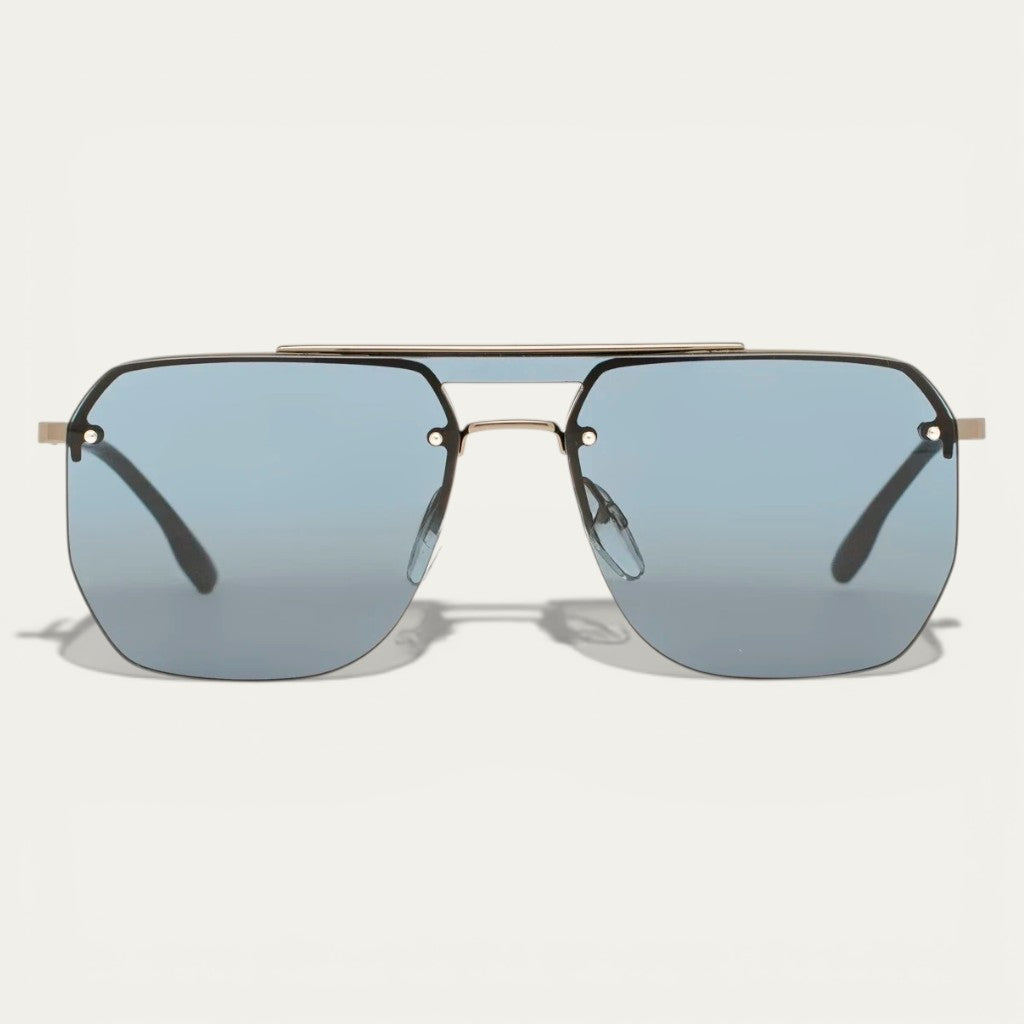 Navigator Rimless Sunglasses | Slim Gold Frame & Blue Lenses