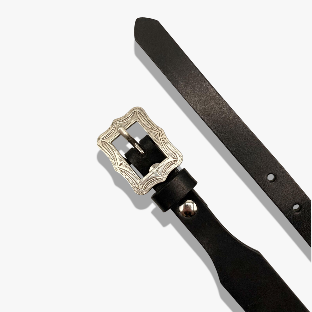 Vintage Heirloom | Black Smooth Leather Belt with Engraved Silver Buckle
