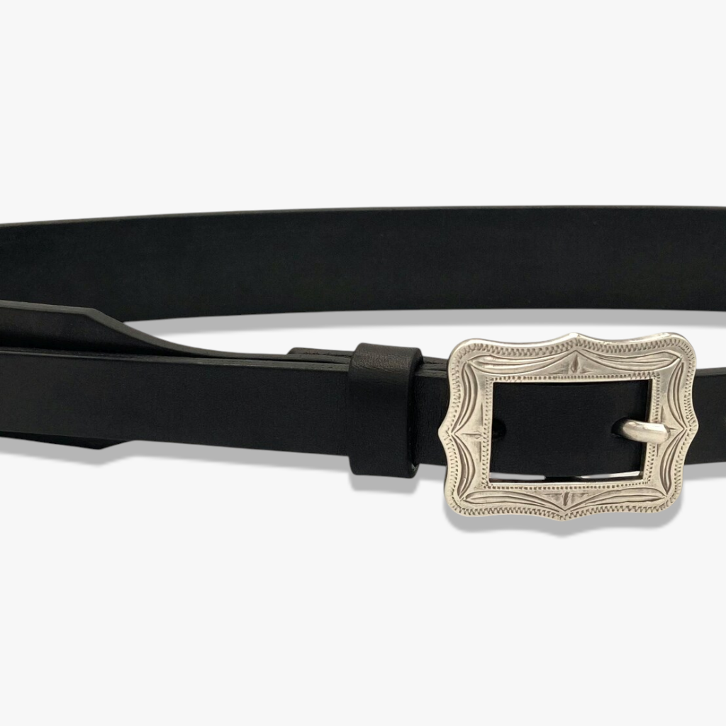 Vintage Heirloom | Black Smooth Leather Belt with Engraved Silver Buckle