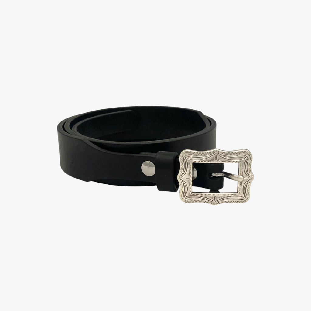 Vintage Heirloom | Black Smooth Leather Belt with Engraved Silver Buckle